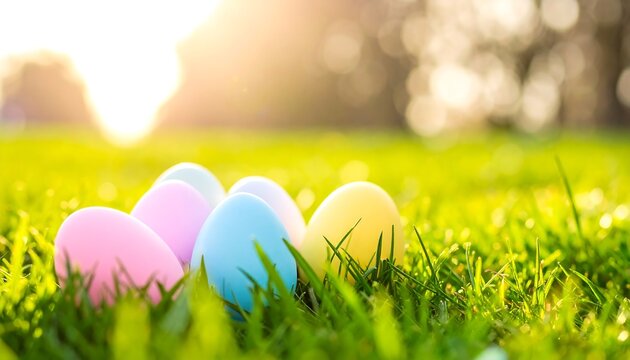 Group of pastel easter eggs in sunny lawn
