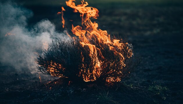 Intense Flames Engulfing an Object in a Dark Landscape.