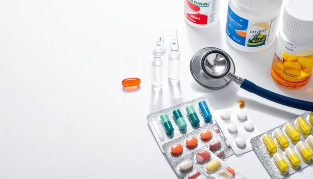 Medical items and medications flat lay