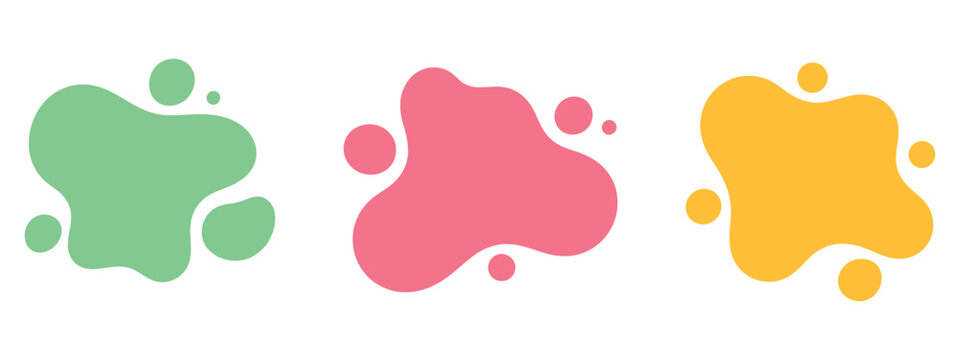 Set of three colors of flat design modern amoeba banners, contemporary abstract shapes, smooth liquid forms, vibrant color variations, modern graphic design elements