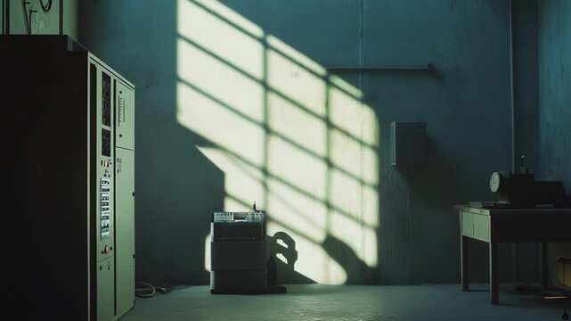 Industrial lab room with vintage machines and a lone workstation, sunlight through a grid window casting shadows across concrete walls and floor, evoking solitude and faded technology