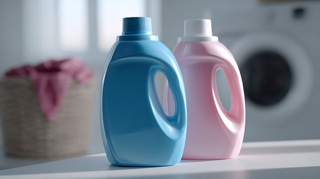 Two colorful laundry detergent bottles stand on a clean surface in a bright room, with a laundry basket and washing machine visible in the soft-focus background