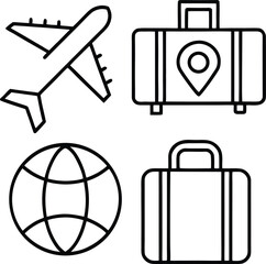 Fototapeta premium World travel icon set featuring plane baggage earth globe and suitcase symbols for global tourism conceptualizing design.