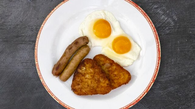 A Plate of Fried Eggs, Hash Browns and Sausages