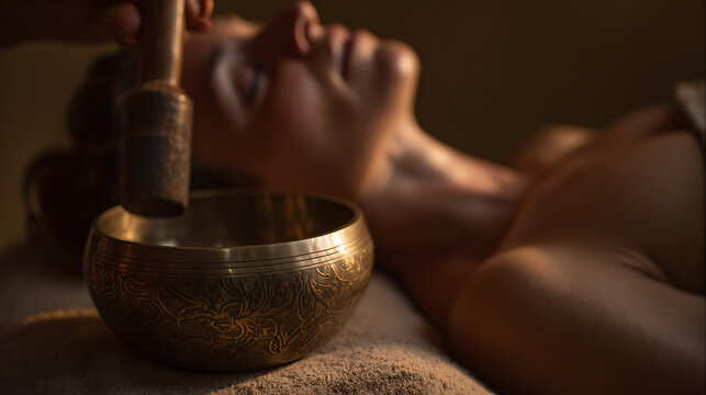 Woman relax on spa bed receive sound bowl therapy, close up view of brass singing bowl, hand hold mallet strike it, produce soothing vibration