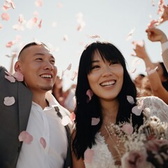 Fototapeta premium Asian female adult asian male adult joyful wedding couple smiling under falling petals at outdoor ceremony with bouquet and guests