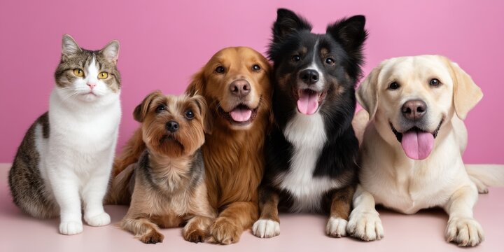 Cheerful group of different pets on a playful pink background for a fun photo 