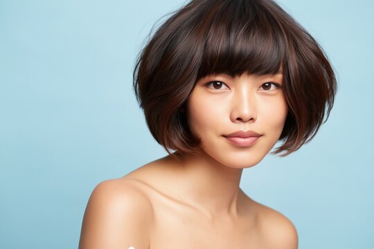 Asian female young adult portrait bob hairstyle blunt bangs closeup blue backdrop flawless skin dewy makeup serene expression