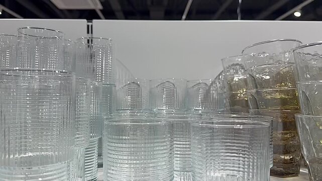 Close-up view of a retail store shelf displaying a variety of new, empty drinking glasses in clear and amber colors, ready for purchase in a home goods or department store