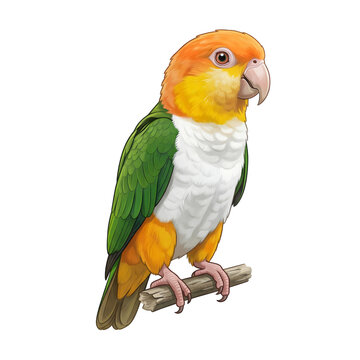 White-bellied caique parrot perched on a small wooden branch isolated on a white background