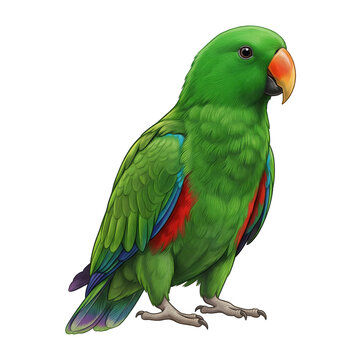 Male eclectus parrot with vibrant green plumage and red wing accents standing on white background