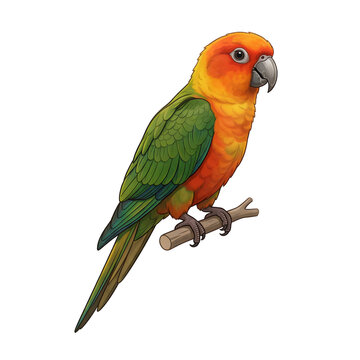 Jenday conure parrot with vibrant orange and green plumage perched on a branch isolated on white