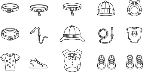 Pet Clothing and Accessories Line Icon Set Featuring Collars, Leash, Hats, T-Shirts, Shoes, and Pet Apparel Collection © Sujon Shah