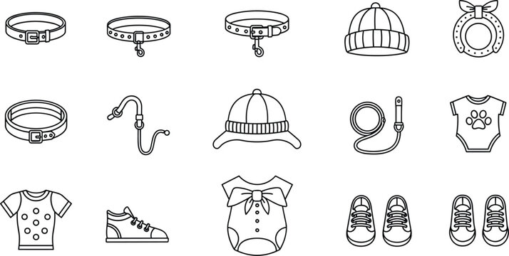 Pet Clothing and Accessories Line Icon Set Featuring Collars, Leash, Hats, T-Shirts, Shoes, and Pet Apparel Collection