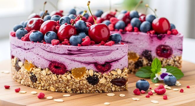Vibrant no‑bake berry cheesecake on wooden board with crunchy oat nut base, thick creamy purple filling studded with raspberries and apricots, crowned with glossy cherries, blueberries and freeze‑drie