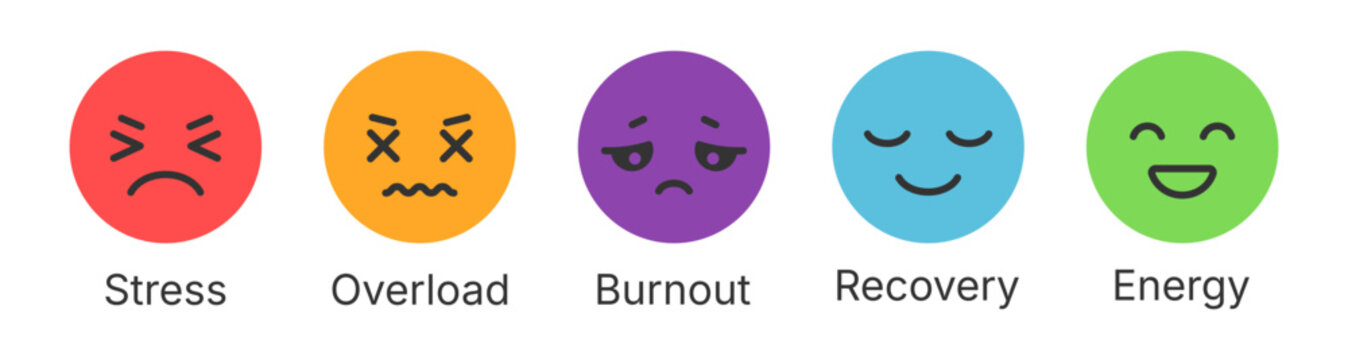 Stress and Burnout. Colorful emotional states icons from stress overload burnout to recovery and energy mental health progression concept faces showing mood change psychology wellbeing