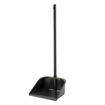 Black plastic dustpan with a long handle for cleaning the floor