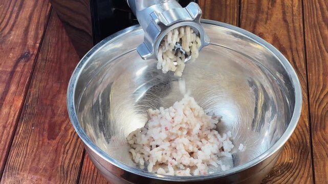 Grinding cod meat into ground fish with electric meat grinder