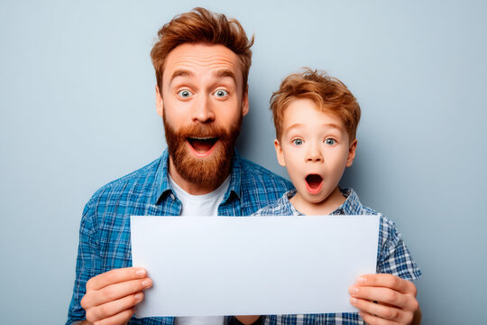Surprised father and son holding a blank white sign. Shocked man and boy with open mouths showing empty paper. Family announcement mockup with copy space