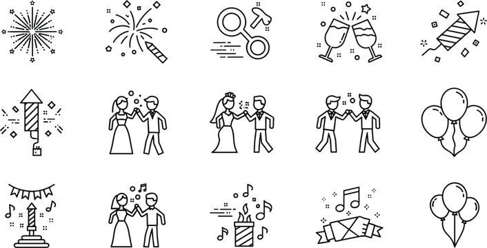 Celebration and Party Line Icon Set Featuring Fireworks, Champagne Glasses, Music Notes, Balloons, Confetti, Candy, Couple Dancing, and Wedding Festivities Collection
