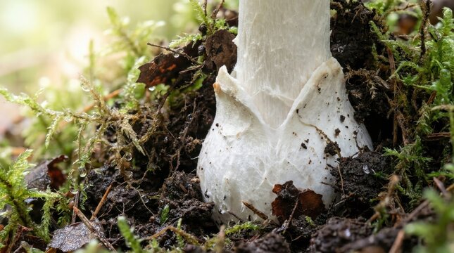 Mushroom stem base emerging from mossy forest soil closeup