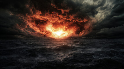Fototapeta premium Dramatic ocean storm with fiery clouds and turbulent waves at sunset