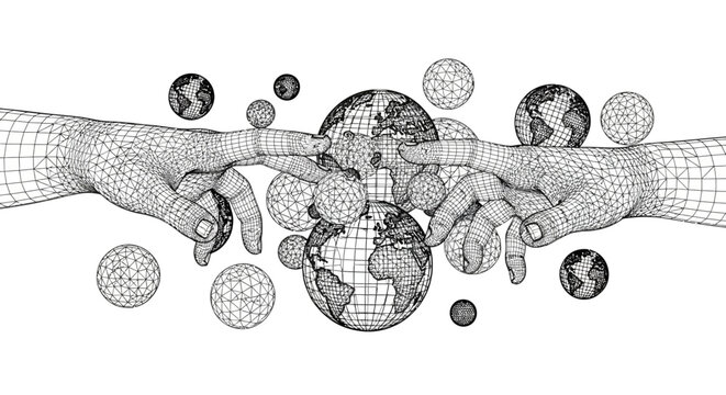 Hands Holding Globe Wireframe Model.