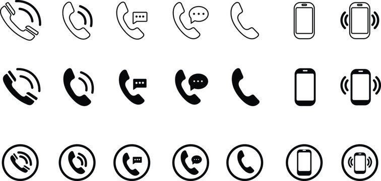 collection of phone icons set. Contact us symbol. Telephone call sign. Cell phone, ringing phone pictogram isolated on white background. Vector illustration. Mobile communication and device symbols.