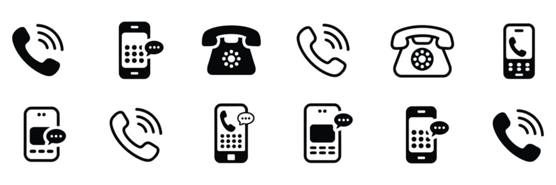 Phone icon set, chat bubble icon, telephone call sign, contact icon phone mobile call, communication icon pack, clean line and flat style symbols