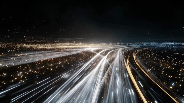Cyber data highway with glowing fiber optic cables and AI particle networks. Fast digital streams symbolize high-speed internet, cloud computing, and advanced business technology