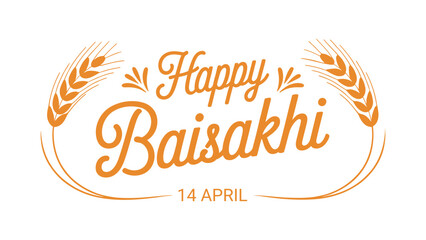 Happy Baisakhi 14 April typography design with wheat ears illustration elegant Punjabi harvest festival greeting celebrating culture tradition joy © Icons Queen
