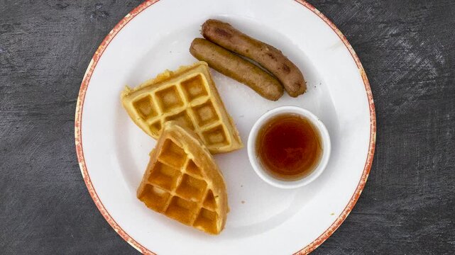 Rotating Plate of Waffles with Sausage and Syrup