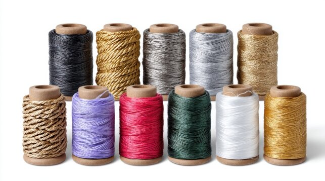Set of different types of string and cord coils isolated on white, ideal for e-commerce listings and material packaging design 