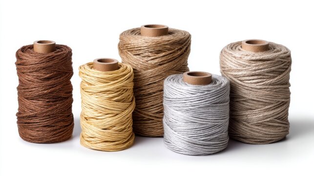 Set of different types of string and cord coils isolated on white, ideal for e-commerce listings and material packaging design 