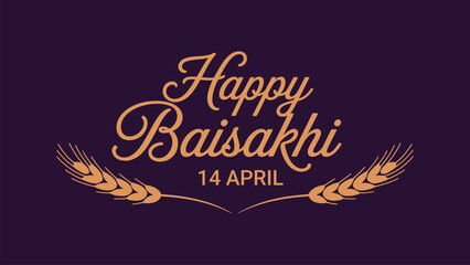 Happy Baisakhi 14 April typography design with wheat laurel illustration elegant festive Punjabi harvest festival greeting celebrating culture tradition © Icons Queen