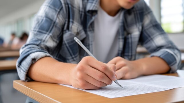 Student writing math exam answers in a classroom, with grade A paper visible, ideal for school education marketing and exam preparation services 