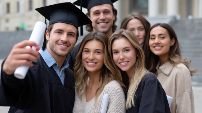Students at graduation, happy faces with diploma and certificate, celebrating academic success, group selfie in front of university 