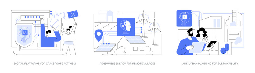 Tech, AI Driving Sustainability and Social Change abstract concept vector illustrations.