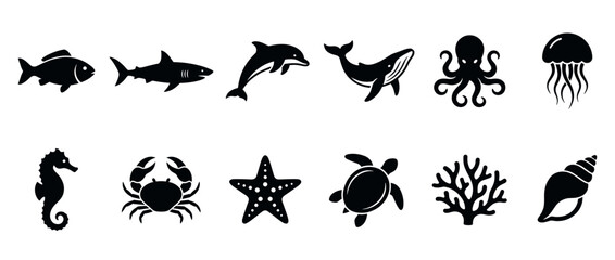 Fototapeta premium Collection of various sea creatures and marine life icons, including fish, shark, dolphin, whale, octopus, jellyfish, seahorse, crab, starfish, turtle, coral, and seashell.