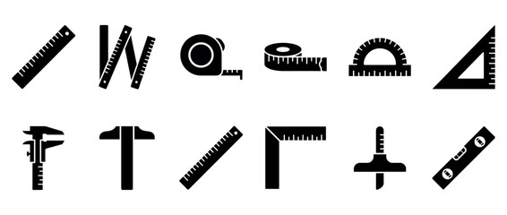 Fototapeta premium Measuring tools icons collection featuring various instruments like rulers, tapes, calipers, and levels for precise measurements.