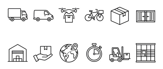 Fototapeta premium Delivery logistics shipping transportation package icons representing various methods and elements of modern global commerce and supply chain management.