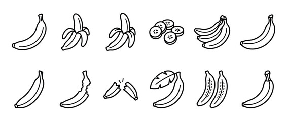 Obraz premium Banana fruit line art collection showing whole, peeled, sliced, bitten, and broken bananas, perfect for healthy food concepts.