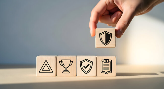 Hand placing shield icon block on row of safety and success symbols
