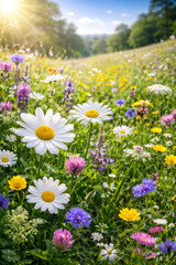 Obraz premium Sunny wildflower meadow filled with white daisies, clover and mixed colorful flowers. Summer landscape, nature seasonal banner for design.