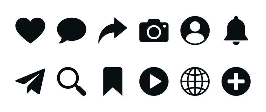 Social media icons, web interface symbols, and app buttons for digital communication and online interaction design elements.