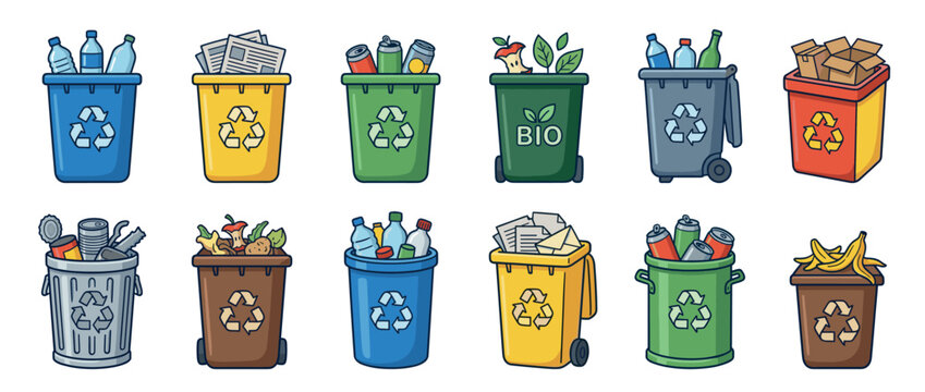 Recycling bins and trash cans filled with various types of waste for sorting and environmental protection, illustrating proper garbage disposal.