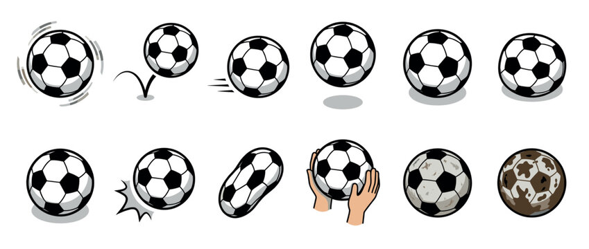 Soccer balls in various dynamic states and conditions, including spinning, bouncing, moving, held, and dirty, depicted as a collection of graphic illustrations.