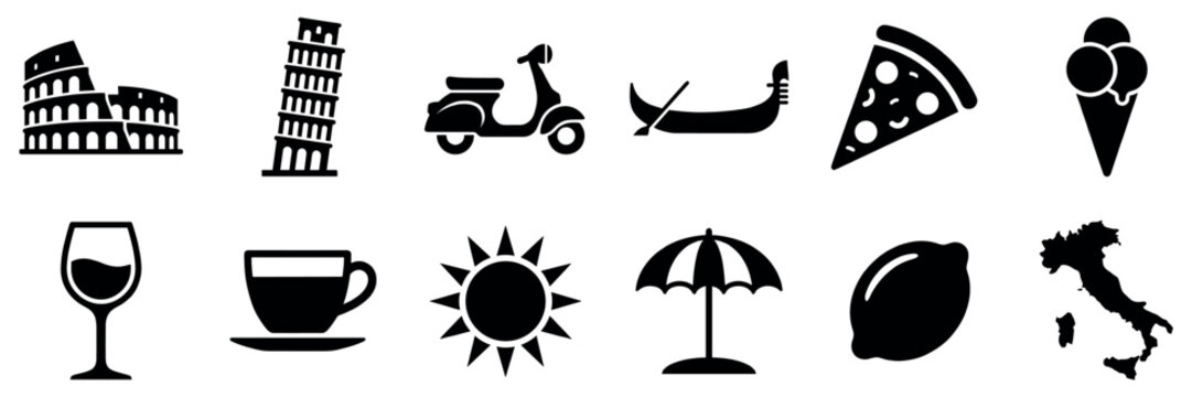 Collection of Italian symbols and cultural icons representing travel, food, and famous landmarks in a simple silhouette style.