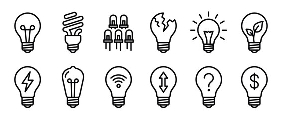 Fototapeta premium Light bulb icons collection representing various concepts of ideas, energy, technology, and innovation in a modern outline style.
