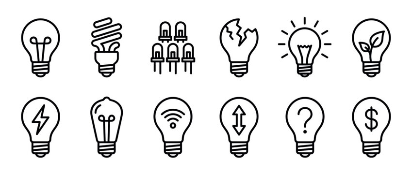 Light bulb icons collection representing various concepts of ideas, energy, technology, and innovation in a modern outline style.